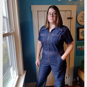 Vintage Denim Sears Jumpsuit with Coral Accents and Ring Pull Zipper